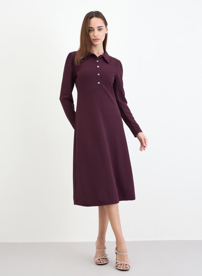 Styli Women Burgundy Polo Neck A-Line Midi Dress - Image 2